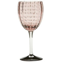 The Perle Wine Goblet Set of 2 by Zafferano features pink bowls adorned with vertical ovals and dots, clear stems, and is made in Italy.