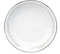 The Carrousel Dinnerware dinner plate by Philippe Deshoulieres features white Limoges porcelain with a subtle silver and gold dotted rim, shown from above on a white background.