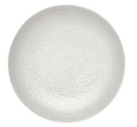 A round, pearl grey Raynaud Mineral Irise porcelain plate features a subtle textured pattern radiating from the center, displayed from a top-down view against a white background.
