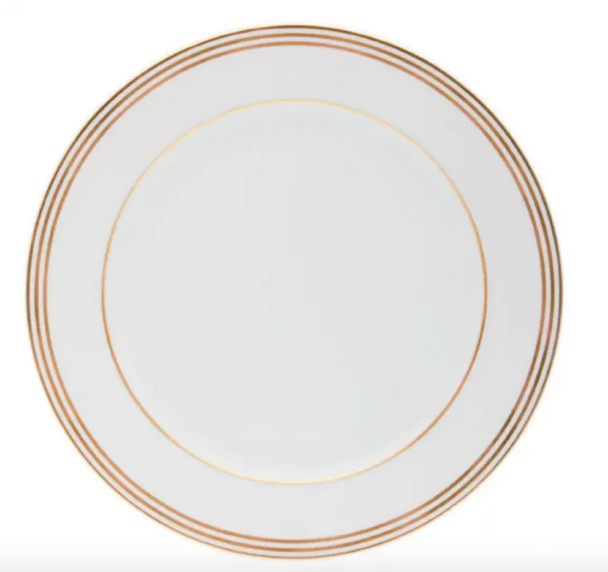 The Royal Limoges Latitudes Dinnerware plate is crafted from white Limoges porcelain with three thin gold rings at the rim, handmade in France and shown on a plain white background.