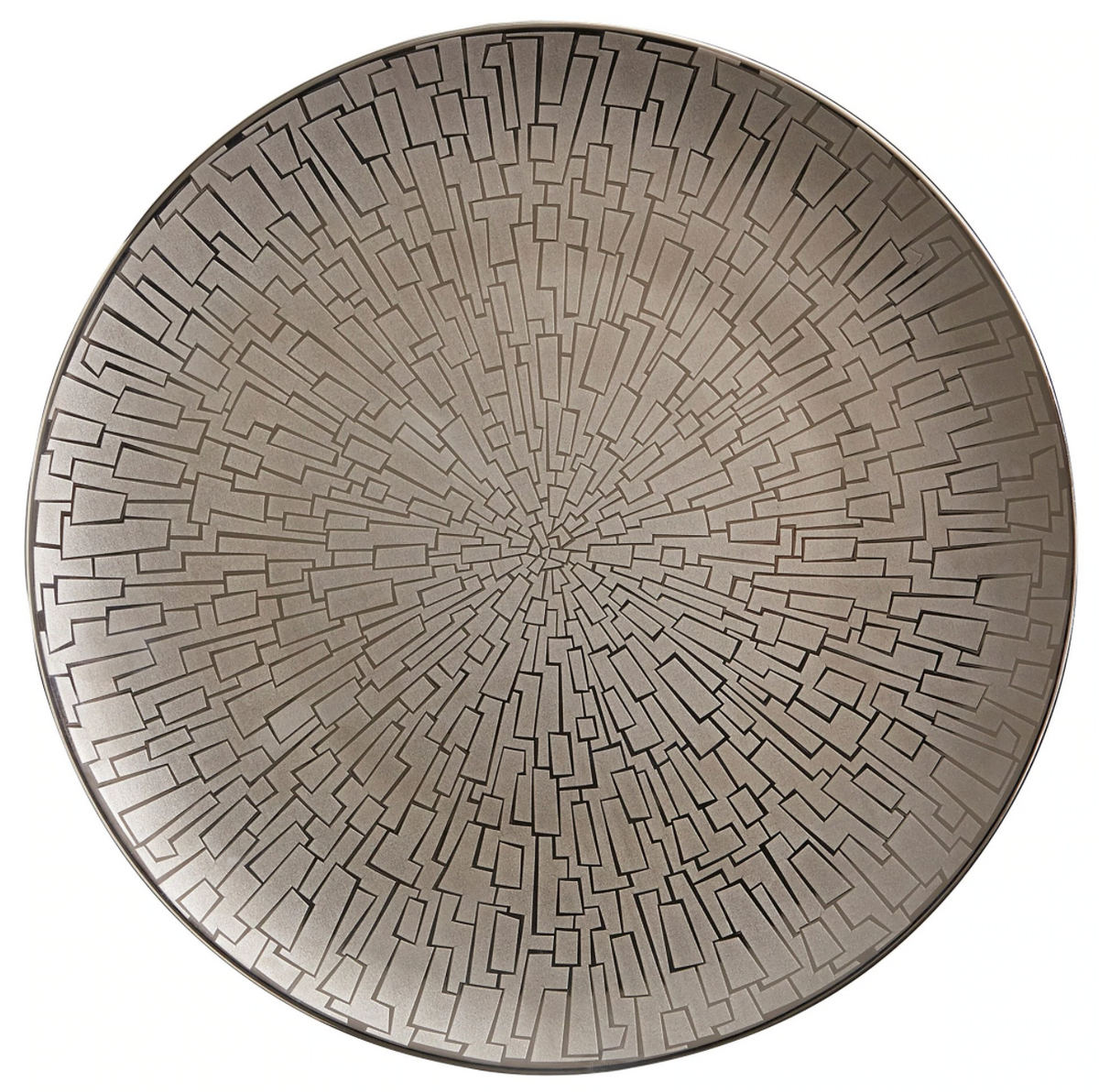 The Skin Platinum TAC 02 Dinnerware by Rosenthal features a round metallic plate with platinum accents and a geometric, maze-like starburst pattern, reflecting fine German porcelain craftsmanship.