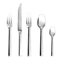 The Degrenne Squado Flatware 5 Piece Setting includes two forks, one knife, one tablespoon, and one teaspoon. Made of stainless steel, this dishwasher-safe cutlery offers elegant proportions and is displayed side by side on a white background.