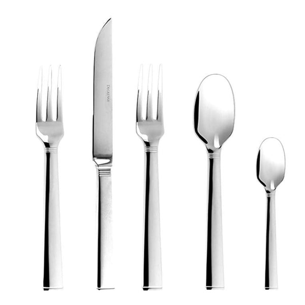 The Degrenne Squado Flatware 5 Piece Setting includes two forks, one knife, one tablespoon, and one teaspoon. Made of stainless steel, this dishwasher-safe cutlery offers elegant proportions and is displayed side by side on a white background.