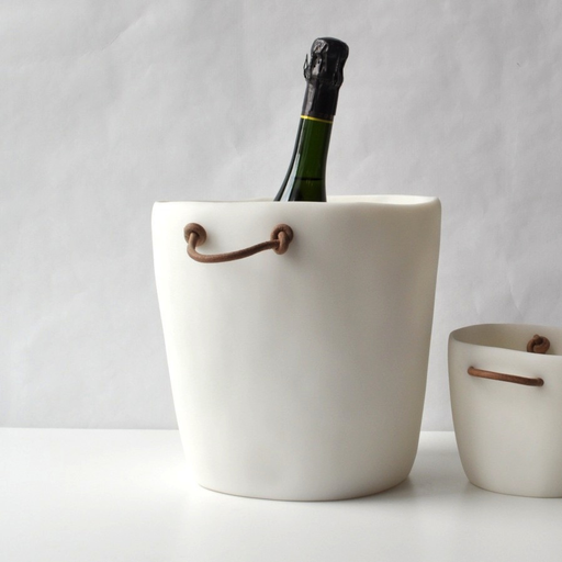 A Tina Frey Champagne Bucket Leather Handle in white holds a green bottle of sparkling wine, while a matching smaller empty bucket sits nearby on a white surface against a plain background.