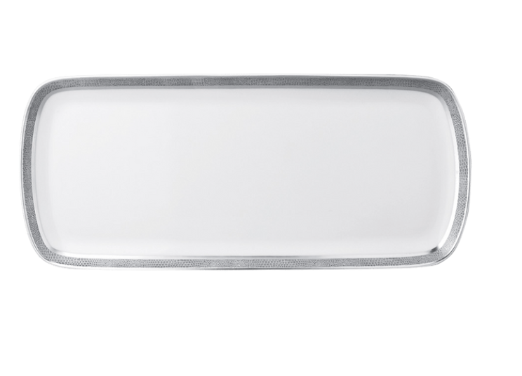 The Bernardaud Sauvage Grey & Platinum serving platter features a rectangular Limoges porcelain design with a sleek, platinum snake skin-embossed border, shown against a white background.