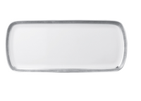 The Bernardaud Sauvage Grey & Platinum serving platter features a rectangular Limoges porcelain design with a sleek, platinum snake skin-embossed border, shown against a white background.