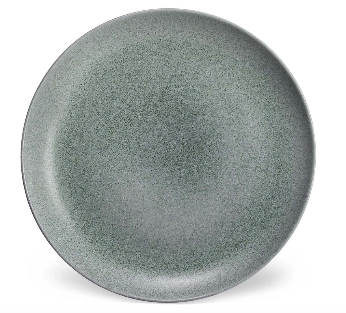 A round, flat ceramic plate from L'Objet's Terra Seafoam Dinnerware collection, with a textured gray-green surface and slightly upturned rim, shown from above against a white background.