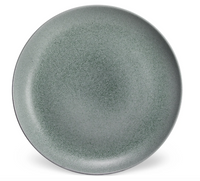 A round, flat ceramic plate from L'Objet's Terra Seafoam Dinnerware collection, with a textured gray-green surface and slightly upturned rim, shown from above against a white background.