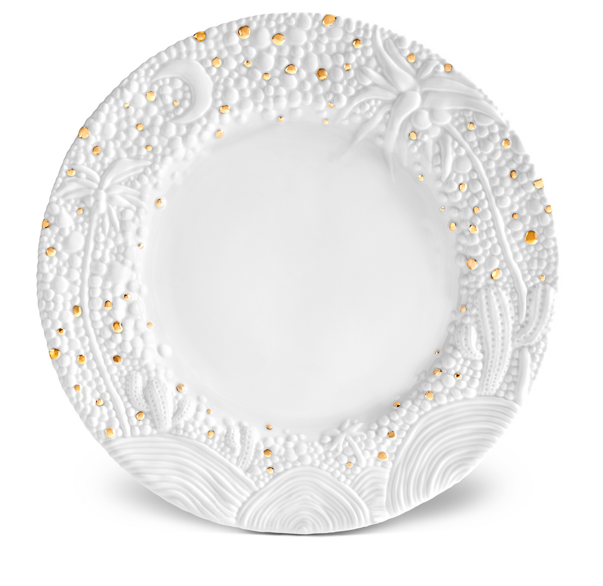 The Haas Mojave Dinnerware Gold plate by L'Objet features a white ceramic design with an embossed, textured rim showcasing various shapes and gold accents. Its smooth, plain center blends elegance with fine porcelain artistry.
