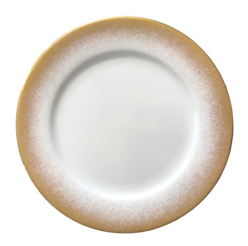 The Golden Fire Charger by Royal Limoges is a round white porcelain plate with a wide, textured golden-yellow rim, shown from above on a plain white background.