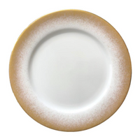 The Golden Fire Charger by Royal Limoges is a round white porcelain plate with a wide, textured golden-yellow rim, shown from above on a plain white background.