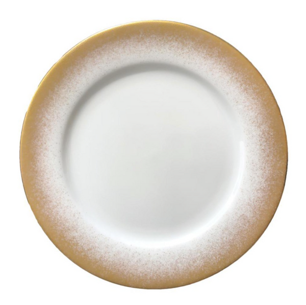 The Golden Fire Charger by Royal Limoges is a round white porcelain plate with a wide, textured golden-yellow rim, shown from above on a plain white background.