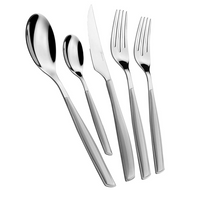 The Casa Bugatti Glamour Colorful Flatware 5 Piece Set features stainless steel utensils—large spoon, small spoon, knife, large fork, and small fork—side by side on white background; dishwasher safe and ideal for casual dining.