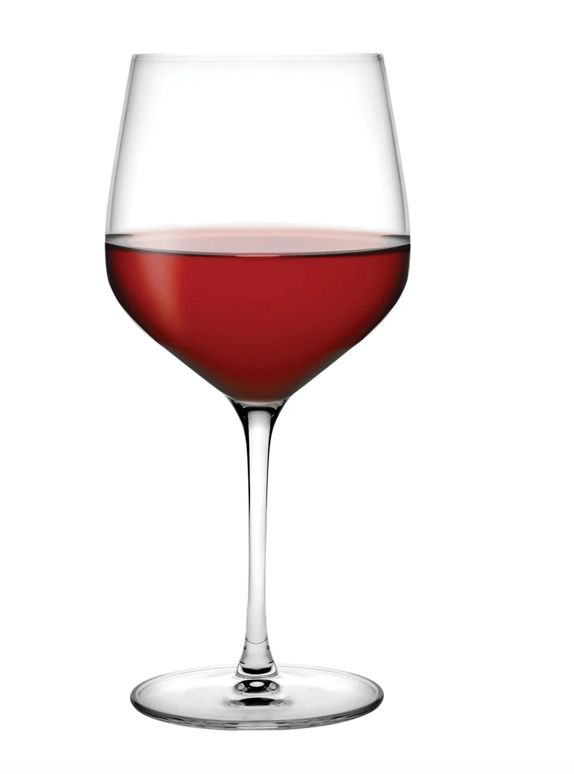 A Refine Glassware Set of 2 wine glass by Nude Glassware, filled halfway with red wine, stands upright against a plain white background.