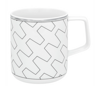 A white ceramic mug with a black geometric pattern, square handle, and thin silver rim—ideal for pairing with Vista Alegre’s Trasso Dinnerware.