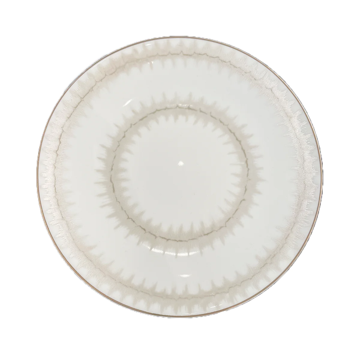 The Marie Daâge Rafia 5 Dinnerware by Marie Daâge is a round white porcelain plate with a subtle beige and gray circular pattern along the edge and inner ring, shown from above on a white background.