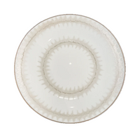 The Marie Daâge Rafia 5 Dinnerware by Marie Daâge is a round white porcelain plate with a subtle beige and gray circular pattern along the edge and inner ring, shown from above on a white background.
