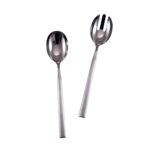 The Simon Pearce Hartland 2 Piece Serving Set features a stainless steel serving spoon and slotted fork with long handles, both dishwasher safe and shown against a white background.