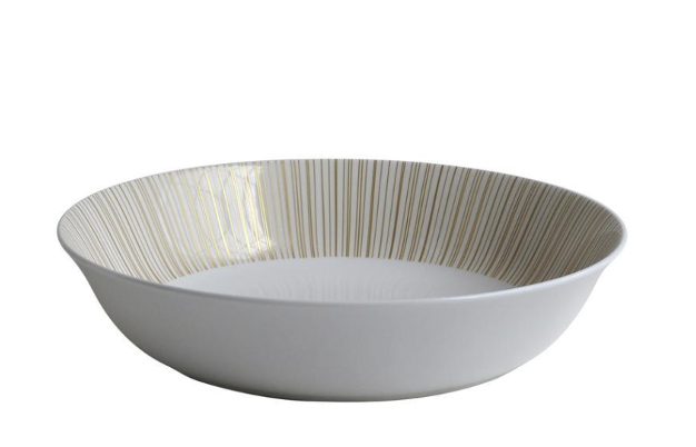 The Sol Dinnerware by Bernardaud is a shallow, round white porcelain plate featuring thin vertical gold lines radiating along the inside rim, creating an elegant contrast against the plain white background.