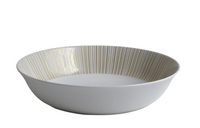 The Sol Dinnerware by Bernardaud is a shallow, round white porcelain plate featuring thin vertical gold lines radiating along the inside rim, creating an elegant contrast against the plain white background.