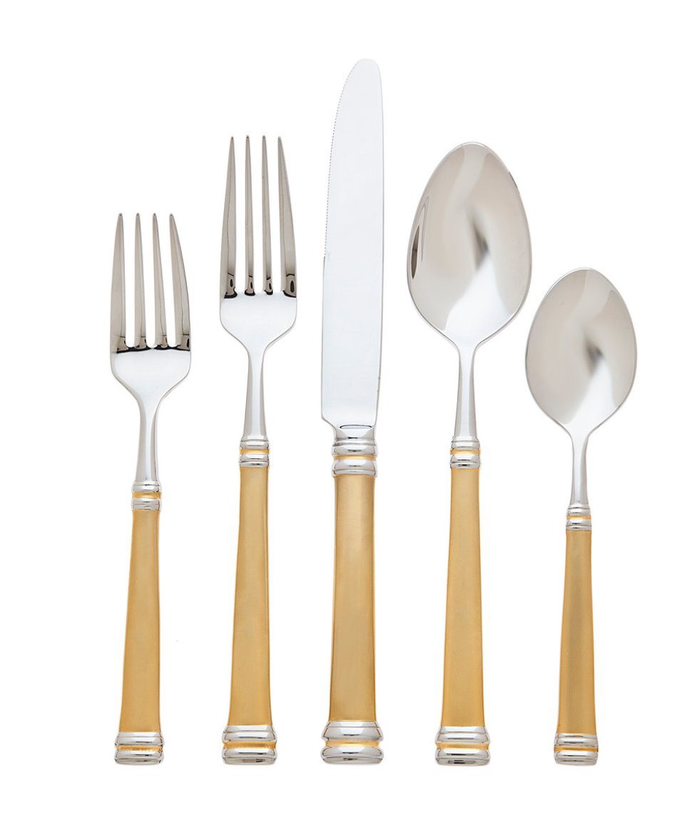The Ricci Royal Bramasole Gold Flatware 5-Piece Setting, crafted from 18/10 stainless steel with 22k gold-plated handles, features two forks, a knife, a tablespoon, and a teaspoon arranged upright against a white background.