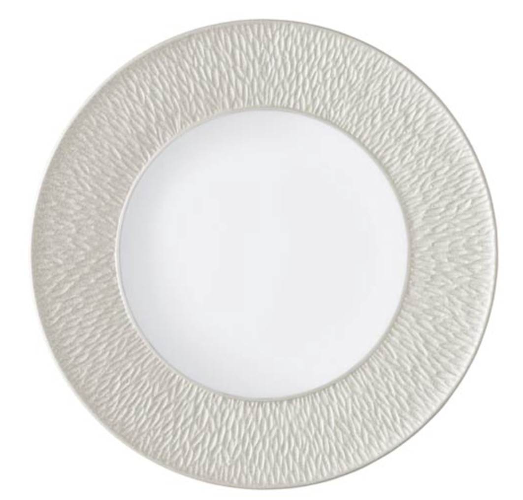 The Raynaud Mineral Irise Dinnerware Pearl Grey plate, made in France, features a smooth white center and a wide, textured light gray border with a subtle wavy pattern.