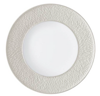 The Raynaud Mineral Irise Dinnerware Pearl Grey plate, made in France, features a smooth white center and a wide, textured light gray border with a subtle wavy pattern.