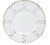 The Carrousel Dinnerware plate by Philippe Deshoulieres features white Limoges porcelain with a thin gold rim and a radial design of small gold and beige squares and lines along the edge.