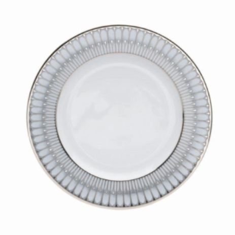 The Arcades Platinum Dinnerware plate by Philippe Deshoulieres BIA is crafted from white Limoges porcelain and features a silver and gray geometric rim, shown from above against a plain white background.