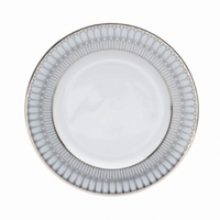 The Arcades Platinum Dinnerware plate by Philippe Deshoulieres BIA is crafted from white Limoges porcelain and features a silver and gray geometric rim, shown from above against a plain white background.