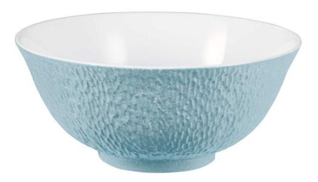 The Raynaud Mineral Irise Dinnerware Sky Blue bowl showcases a textured light blue ceramic exterior and smooth white interior, set against a white background.