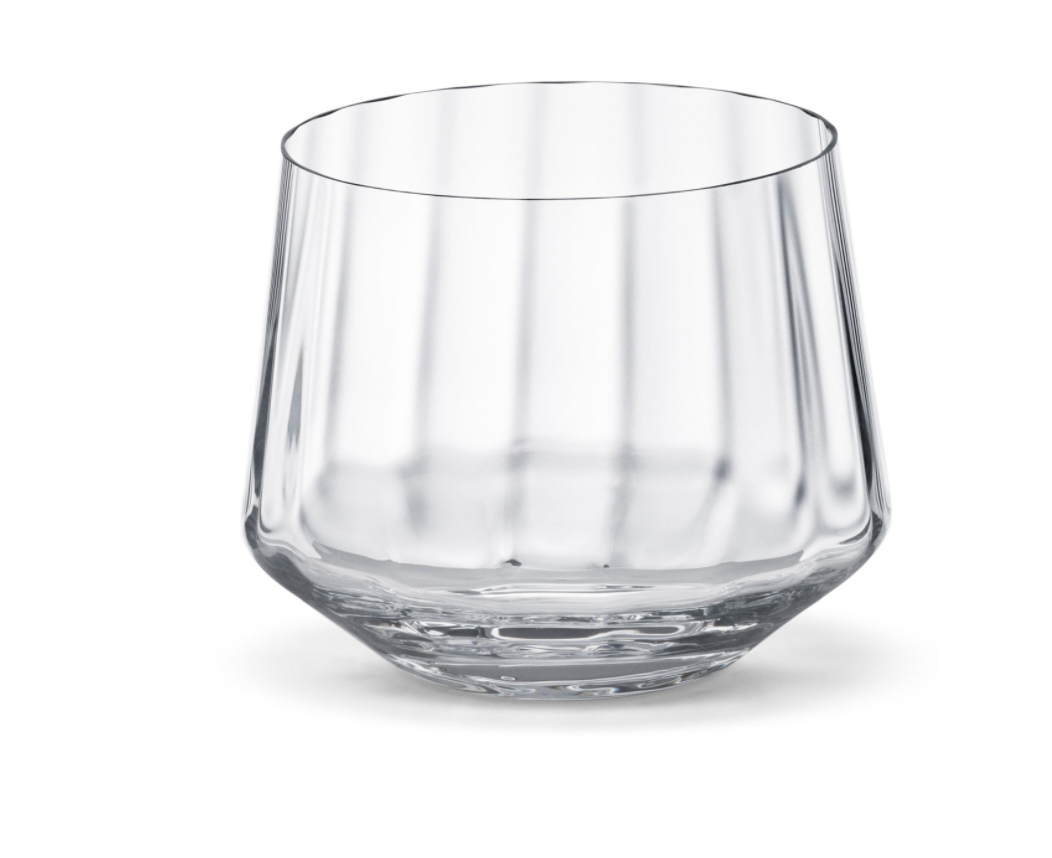 The Bernadotte Glassware Set of 6 by Georg Jensen features clear, lead-free crystal tumblers with wide bases and gently tapered sides, inspired by Scandinavian design, shown against a plain white background.
