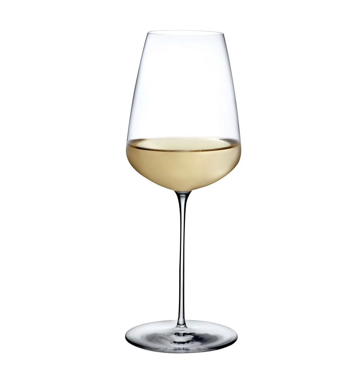 The Nude Glassware Stem Zero Delicate White Wine Glass is shown half-filled with white wine against a plain white background.
