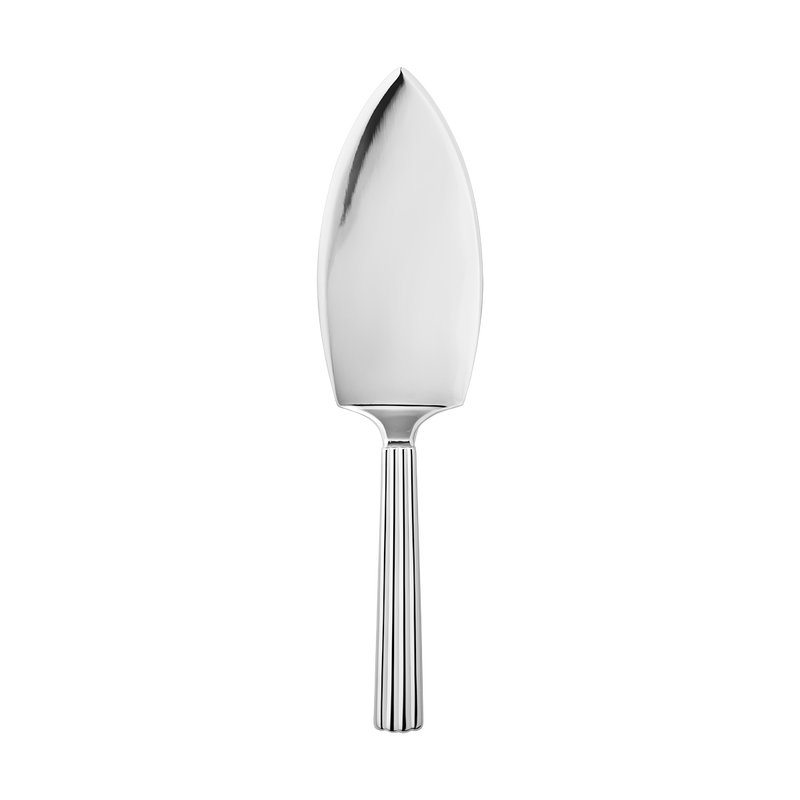 The Georg Jensen Bernadotte Cake Server features a shiny, silver finish with a pointed flat stainless steel blade and ridged handle, displayed against a white background.