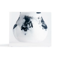 The JR William Lucite Vase Collection features a marble-patterned vase in white and black, encased in clear luxury acrylic for a striking modern look against a plain white background.