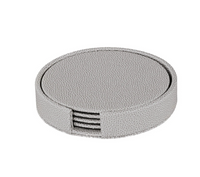 The Bodrum Skate Coaster Set of 4 features phthalate-free vinyl coasters in a round, light gray textured holder with an open slot in front to display the stacked coasters inside.
