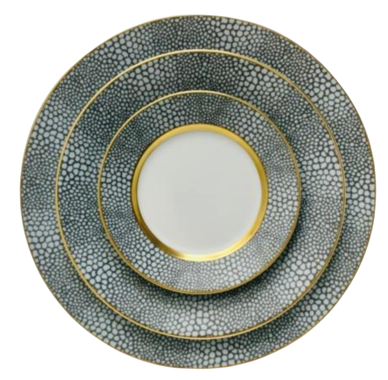 Three round Makassar Gold Dinnerware plates by Royal Limoges, each in a different size, feature white centers, gold rims and filets, and gray pebble-patterned borders with gold accents.