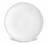The L'Objet Haas Mojave White Dinnerware features a fine porcelain plate with a textured, bubbly rim, showcased on a white background.