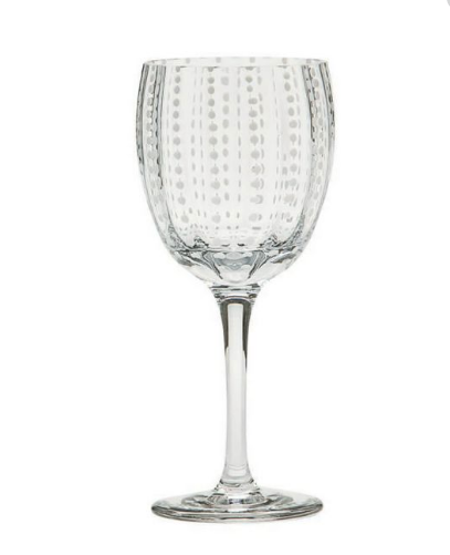 The Zafferano Perle Wine Goblet Set of 2 features clear Italian-made glass with a subtle raised dotted pattern around the bowl, shown on a white background.