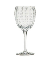 The Zafferano Perle Wine Goblet Set of 2 features clear Italian-made glass with a subtle raised dotted pattern around the bowl, shown on a white background.