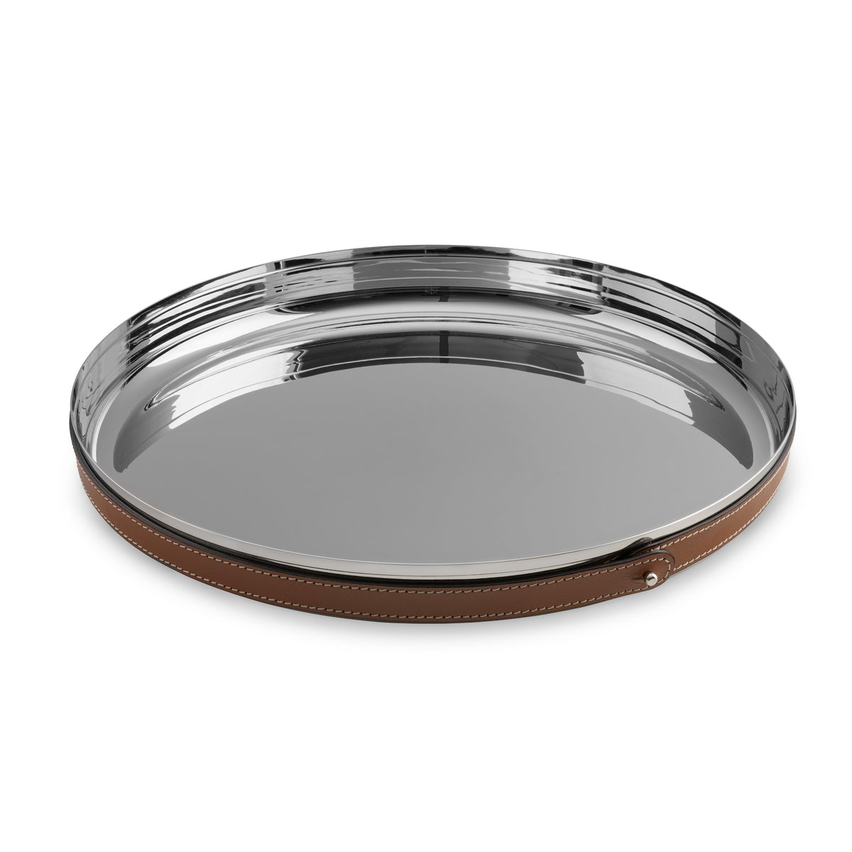 The Nambe Tahoe Bar Tray is a round, reflective silver tray with a polished finish and brown leather-edged accent featuring visible stitching—a stylish piece to elevate your stainless steel barware collection.