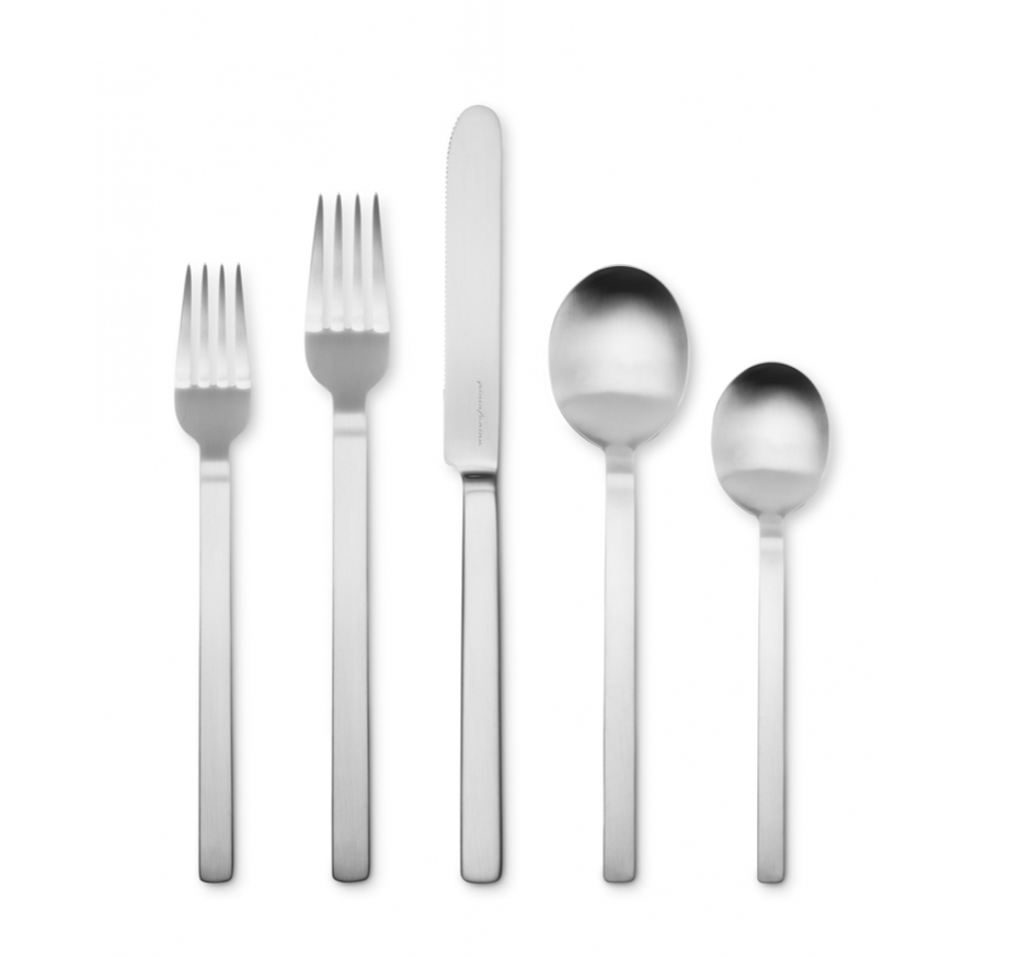 Five pieces from the Mepra Stile Ice Flatware 5 Piece Setting—two forks, a knife, and two spoons—are arranged in a row on a white background. The modern design features straight, flat handles.