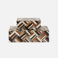 Two rectangular, handcrafted Hunter Horn Box units by Made Goods stacked, featuring a geometric, basket-weave pattern of inlaid horn in shades of brown, black, cream, and grey.