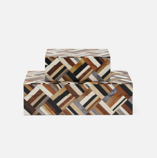 Two rectangular, handcrafted Hunter Horn Box units by Made Goods stacked, featuring a geometric, basket-weave pattern of inlaid horn in shades of brown, black, cream, and grey.