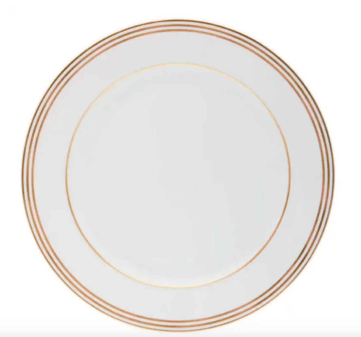 The Latitudes Dinnerware plate by Royal Limoges features white porcelain with three thin, evenly spaced gold rings around the rim, set against a plain white background.