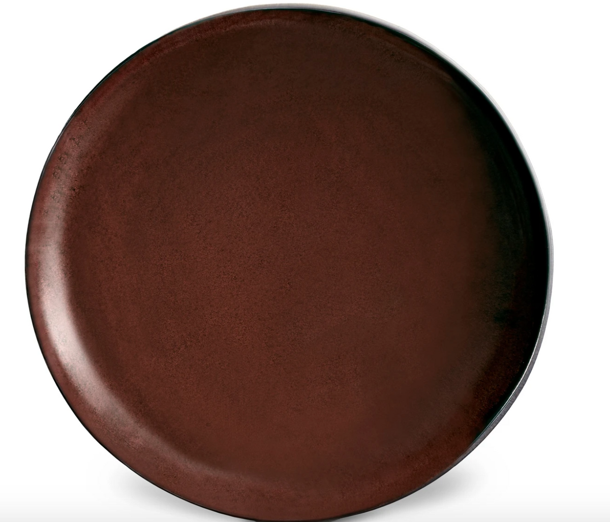 The Terra Wine Dinnerware by L'Objet is a large, round, dark brown ceramic plate with a smooth matte finish, shown against a plain white background.