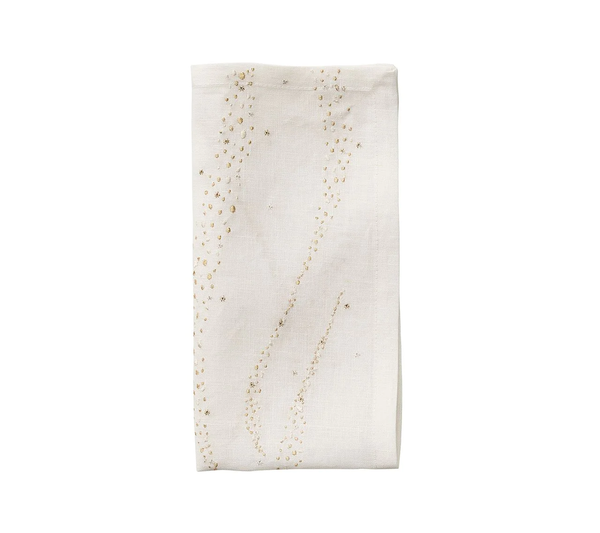 The Kim Seybert Star Spray Napkin White & Gold & Silver Set of 4 features elegant white linen napkins with delicate gold and silver embroidery, creating a sophisticated table accent against any setting.