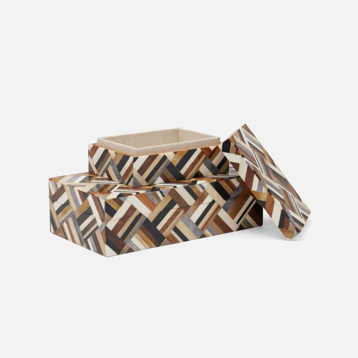 Hunter Horn Box by Made Goods, a rectangular decorative box with a handcrafted wood and horn inlay in a geometric basket-weave pattern, shown with the lid removed.