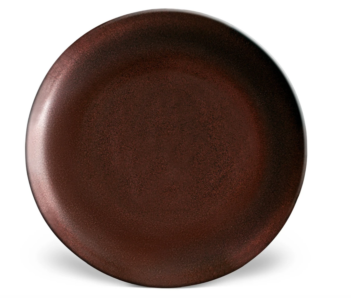 The Terra Wine Dinnerware plate by L'Objet is a round, dark brown handcrafted piece with a subtly textured matte finish, shown against a white background.