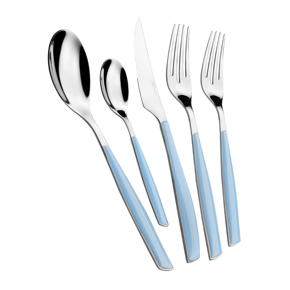 The Casa Bugatti Glamour Colorful Flatware 5 Piece Set features stainless steel, dishwasher-safe utensils with shiny tops and light blue handles—tablespoon, teaspoon, knife, dinner fork, and salad fork—shown side by side on a white background.